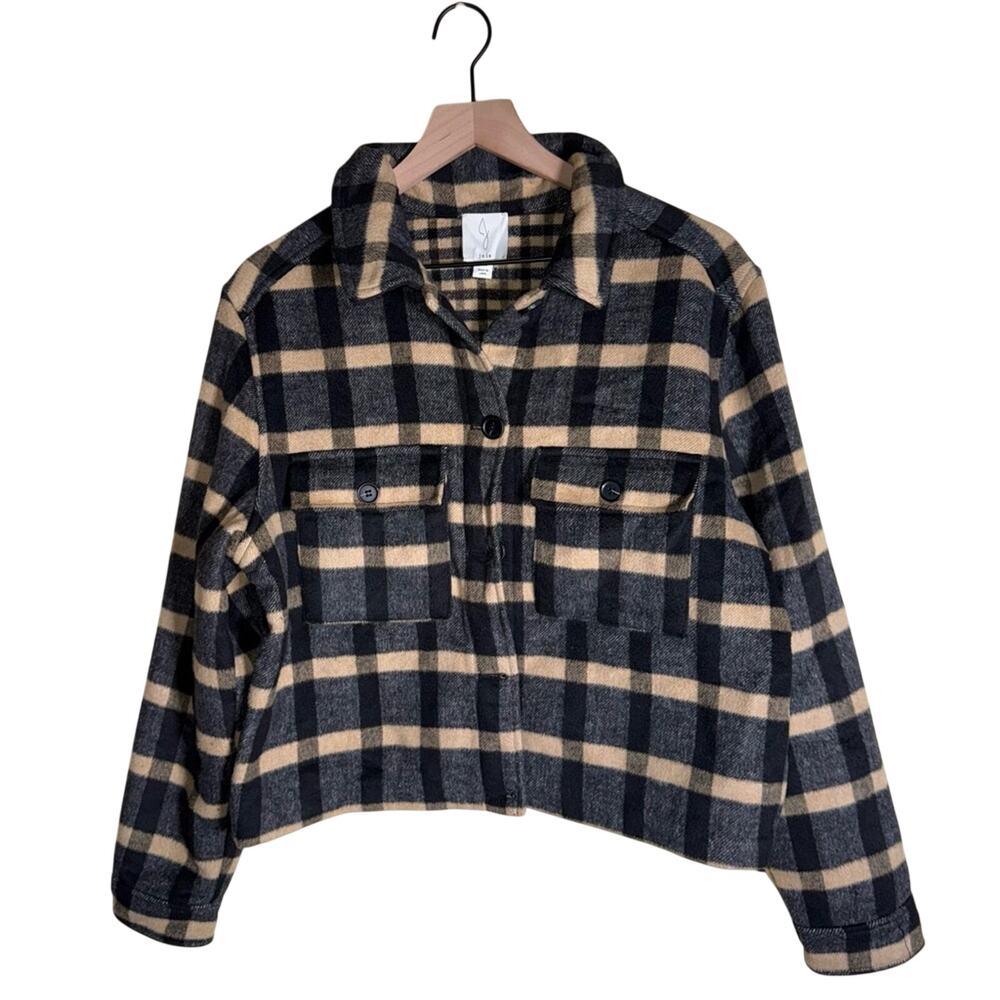 JOIE Women's Checkered Teddy Flannel cropped cabincore cozy shacket L